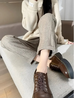 Calça Feminina Reta de Lã Caxemira com Cintura Alta e Elástico – Leda