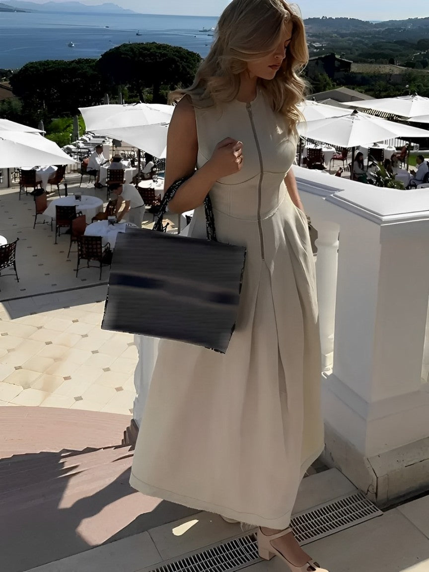 Vestido Feminino Longo Fechamento em Zíper no Busto com Cintura Império e Bolsos - Liriel [FRETE FULL]