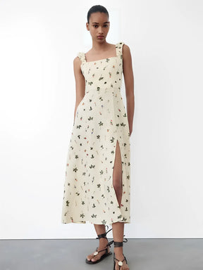 Vestido Midi de Linho com Estampa Floral e Amarração nas Costas - Malu