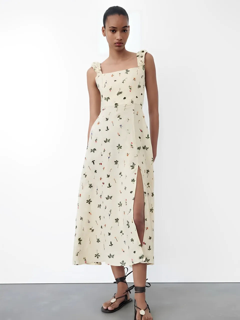 Vestido Midi de Linho com Estampa Floral e Amarração nas Costas - Malu