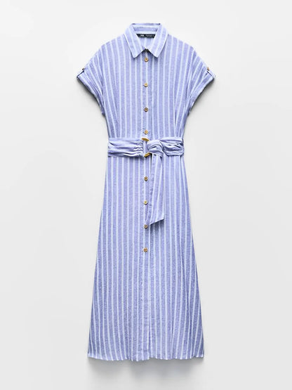 Vestido Feminino Chemise Midi em Linho com Abertura Frontal de Botões - Jessie