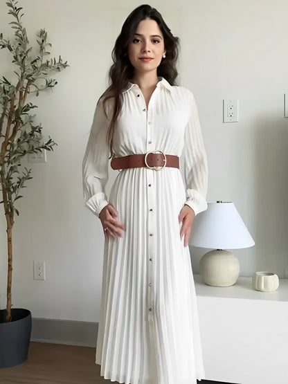 Vestido Feminino Chemise Midi Plissado com Botões - Fleur