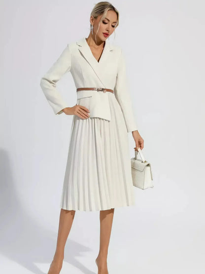 Vestido Feminino Alfaiataria Blazer com Saia Plissada e Cinto - Hana