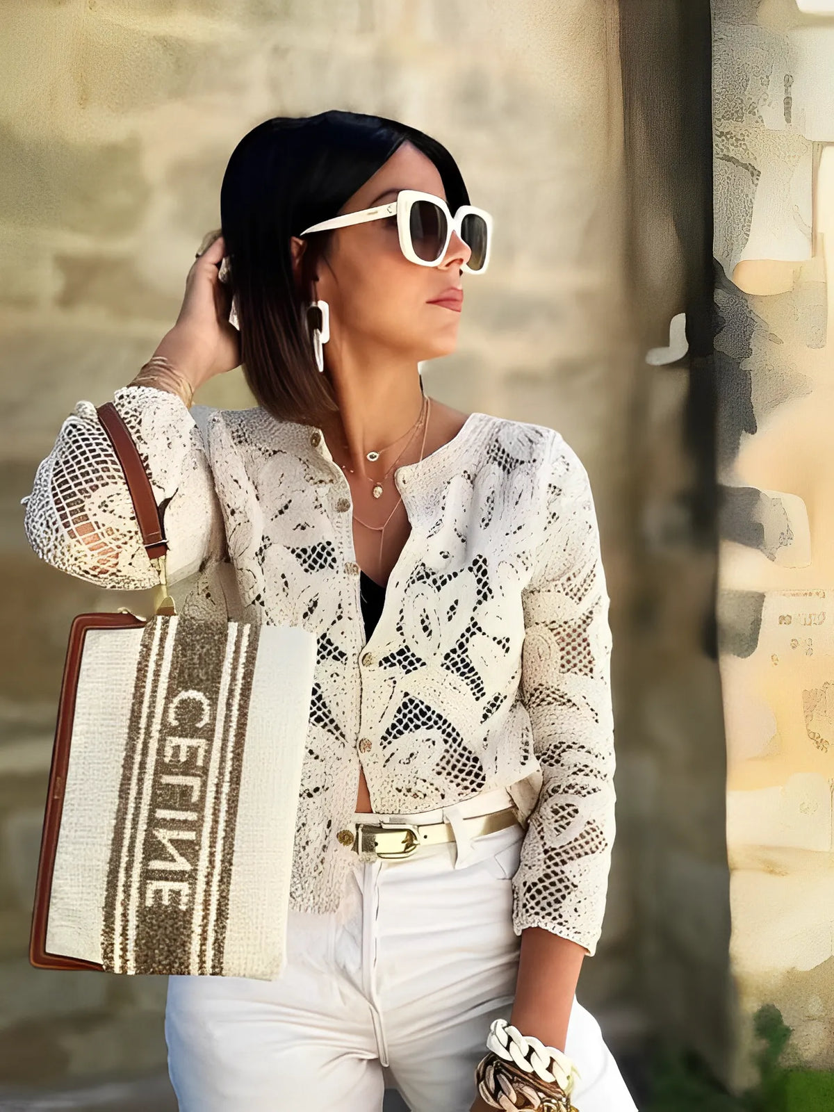 Camisa de Crochê com Abertura Frontal e Mangas Longas – Alice