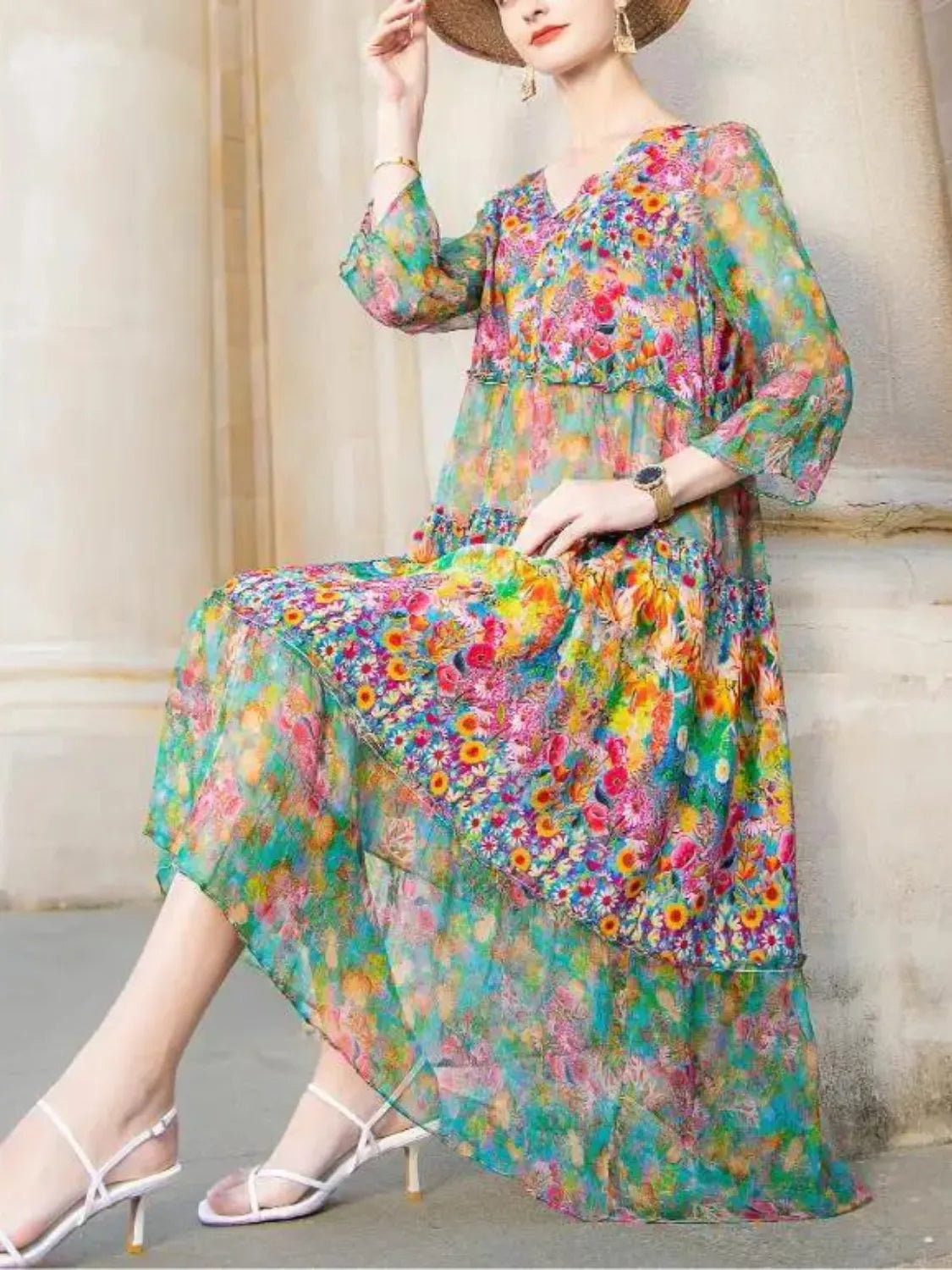 Vestido Midi Floral em Chiffon Estampado com Mangas Longas – Keila