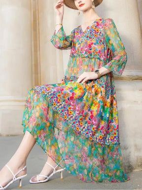 Vestido Midi Floral em Chiffon Estampado com Mangas Longas – Keila