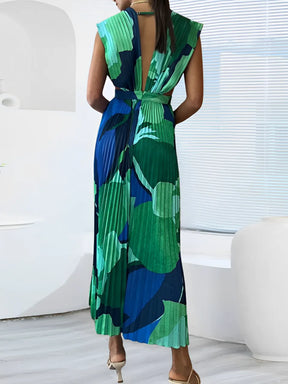 Vestido Midi Plissado Estampado com Decote em V Elegante – Adriene [FRETE FULL]