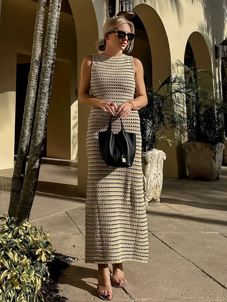 Vestido Feminino Longo Listrado em Viscose Sem Mangas com Decote Redondo - Pâmela [FRETE FULL]