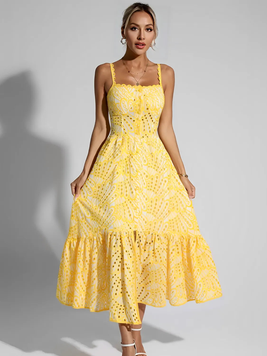 Vestido Midi de Laise com Babados Delicados e Elástico nas Costas – Marina [FRETE FULL]