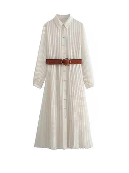 Vestido Feminino Chemise Midi Plissado com Botões - Fleur