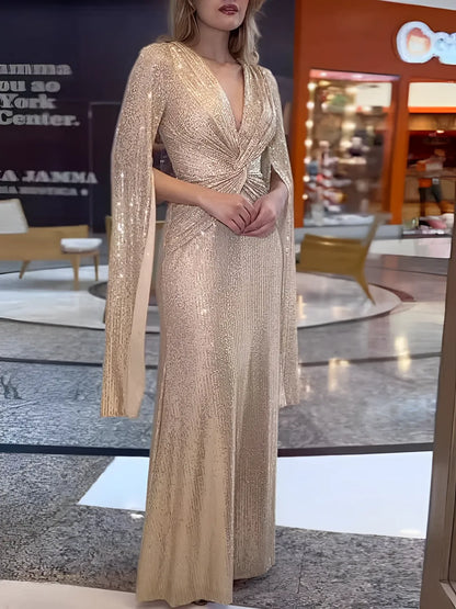 Vestido Feminino Longo de Festa Paêtes Decote em V e Nó na Cintura  - Dafne [FRETE FULL]