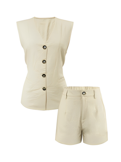 Conjunto Feminino de Linho com Colete de Amarração nas Costas e Bermuda de Cós Elástico - Eleanor