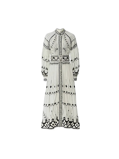 Vestido Feminino Midi Estampado Elegante com Gola Padre Cinto e Mangas Longas - Mia