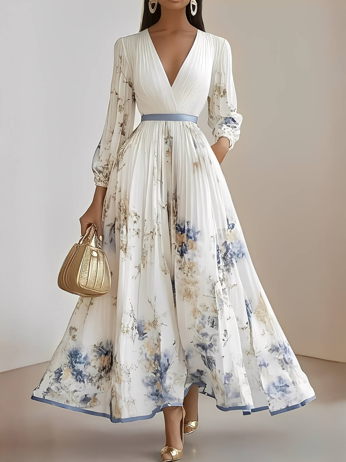 Vestido Longo Plissado Floral com Decote em V e Cinto-Faixa – Seraphina