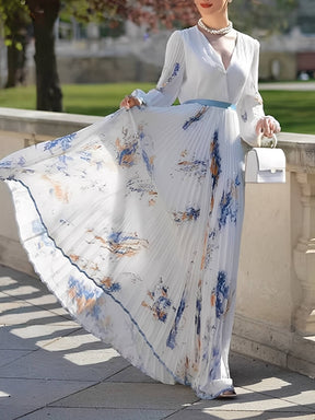 Vestido Longo Plissado Floral com Decote em V e Cinto-Faixa – Seraphina