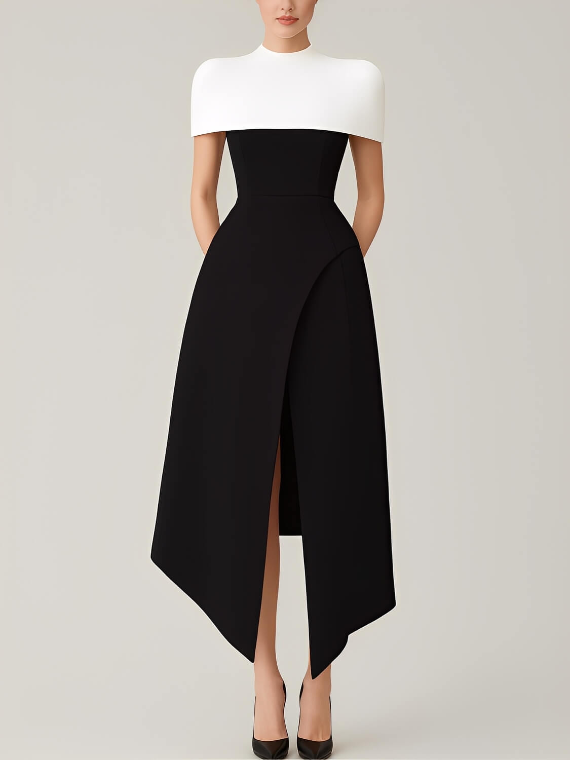 Vestido Midi Assimétrico Acinturado e Capa Sobreposta Removível – Soraya