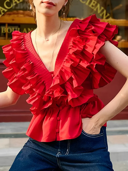 Blusa Feminina com Babados Decote em V com Botões - Isabella
