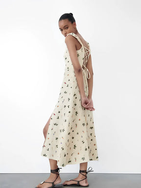 Vestido Midi de Linho com Estampa Floral e Amarração nas Costas - Malu