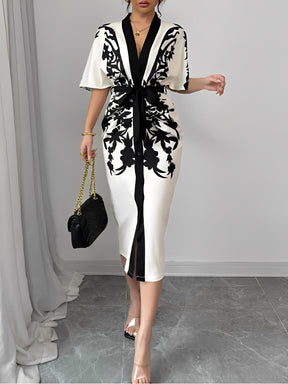 Vestido Midi Floral Arabesco com Manga Morcego Elegante - Inez