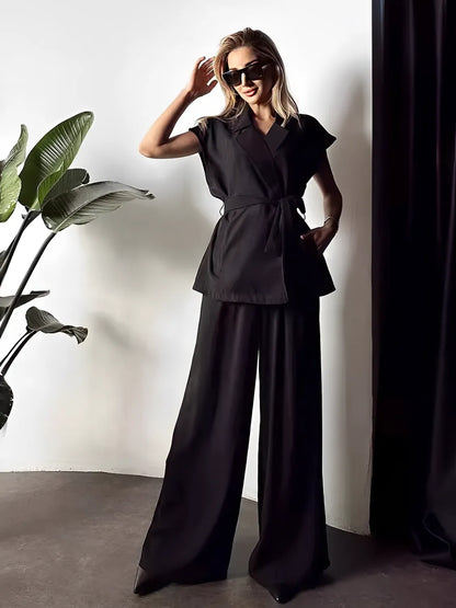 Conjunto Feminino Alfaiataria com Blusa com Amarração na Cintura e Calça Pantalona - Dominique