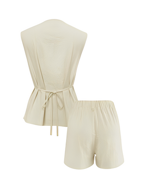 Conjunto de Linho Colete com Amarração e Bermuda Cós Elástico - Eleanor