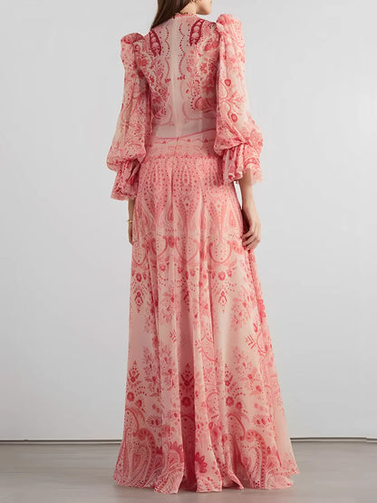 Vestido Feminino Longo Estampado de Manga Longa e Acinturado - Clarisse