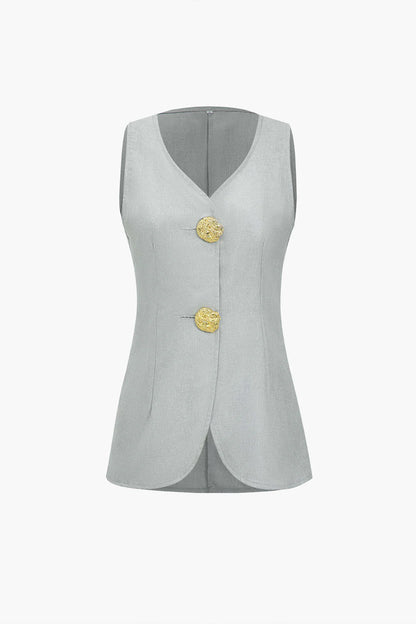 Conjunto Feminino de Alfaiataria com Colete Acinturado de Botões Maxi e Calça Reta com Fenda - Brenda [FRETE FULL]