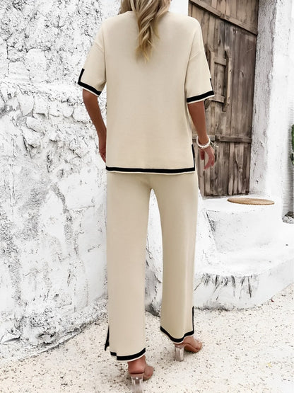 Conjunto Feminino em Viscose com Blusa Mullet de Manga Curta e Calça Cintura Alta com Fenda na Barra - Mirtes