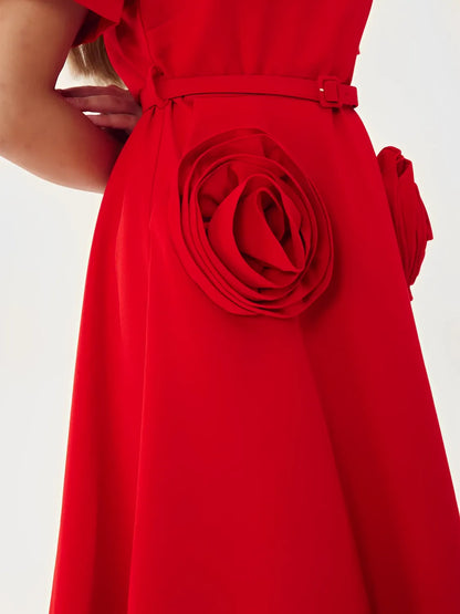 Vestido Feminino Midi Elegante com Aplique de Flor Cinto e Decote em V - Matilda