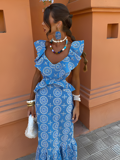 Vestido Feminino Longo Laise Recortes na Cintura e Babados - Catarina