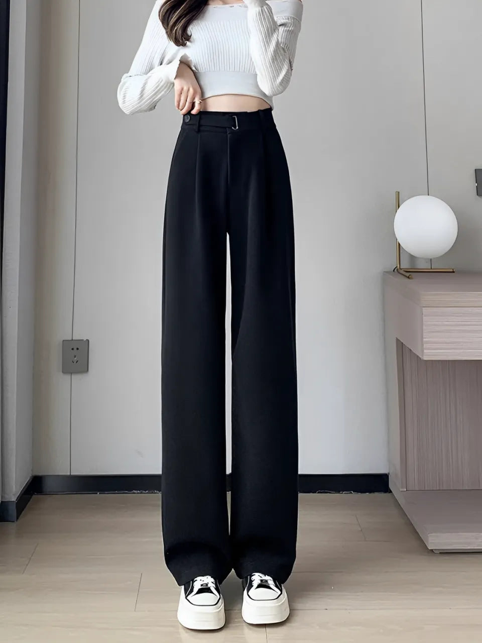 Calça Wide de Lã Batida com Cintura Alta de Elástico e Bolsos – Maysa