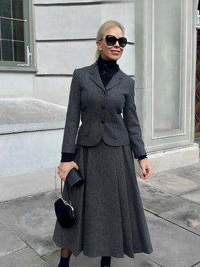 Conjunto de Blazer com Colarinho e Saia Midi em Lã Batida - Anastacia