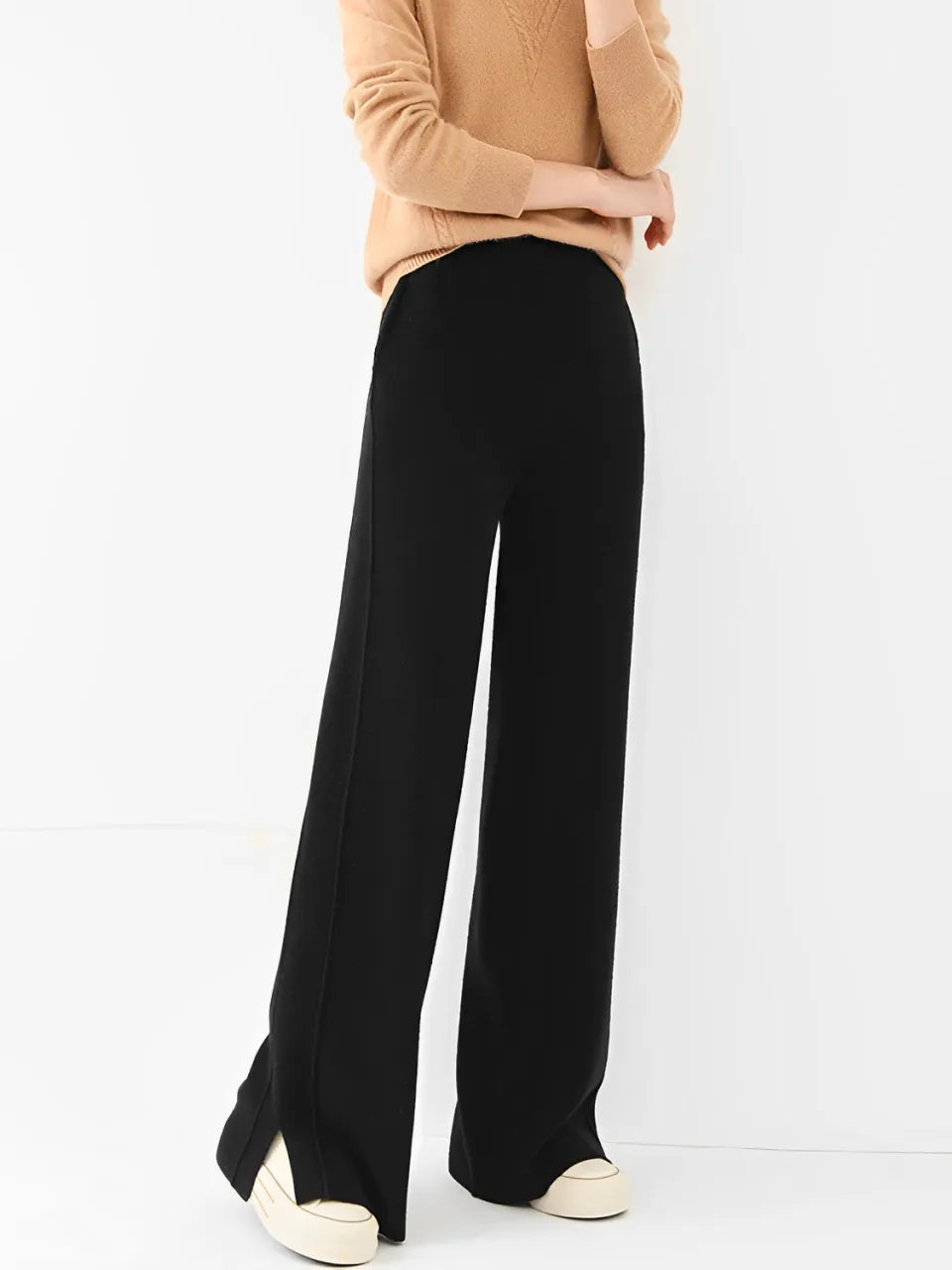 Calça Pantalona Feminina de Lã com Bolsos e Abertura na Barra – Vivian