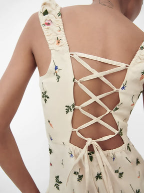 Vestido Midi de Linho com Estampa Floral e Amarração nas Costas - Malu