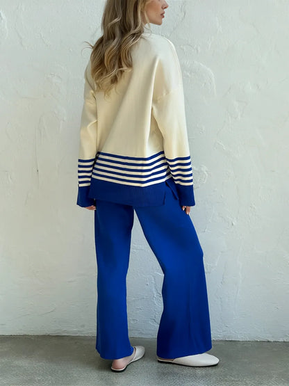 Conjunto Feminino com Suéter Listrado de Gola Alta e Calça de Cintura Alta - July