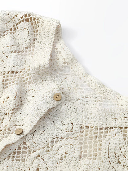 Camisa Feminina de Crochê com Abertura Frontal e Mangas Longas - Alice