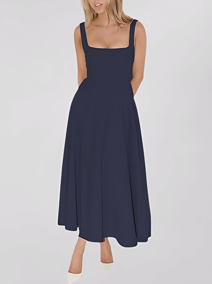Vestido Feminino Longo Modelagem Evasê com Corset Estruturado de Alças Largas Decote Quadrado e Saia Fluida - Luciene