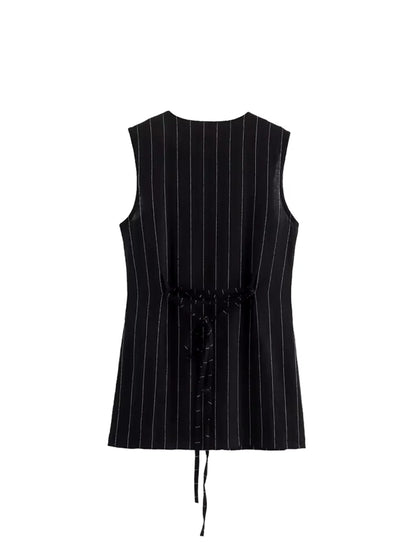 Blusa Feminina Risca de Giz com Botões e Amarração nas Costas - Cecília