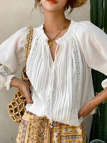 Blusa Feminina Romântica Boho com Gola em V e Mangas Puff - Liz