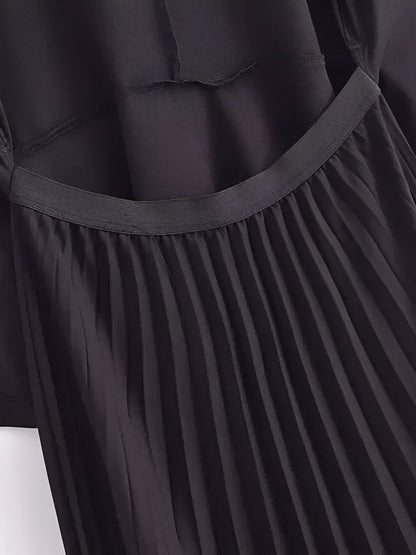 Vestido Feminino Midi de Alfaiataria sem Mangas com Decote V Plissado - Simona