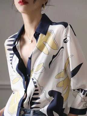 Camisa Estampada Casual com Decote em V e Botões - Elara