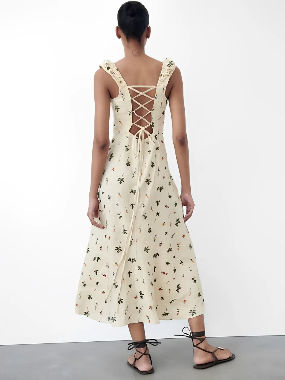 Vestido Midi de Linho com Estampa Floral e Amarração nas Costas - Malu