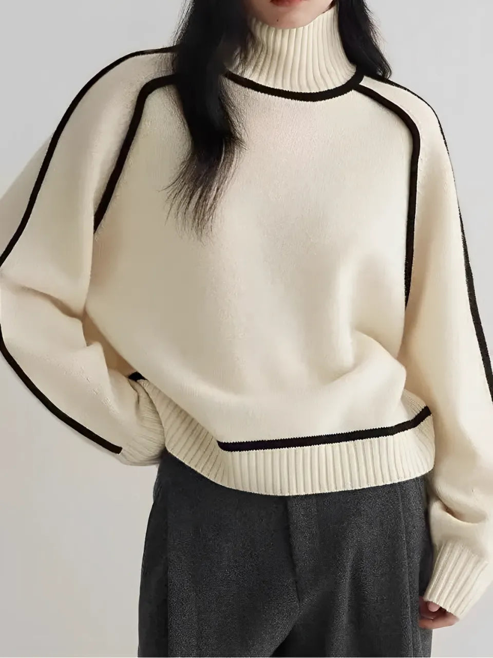 Suéter Gola Alta e Punho Canelados com Listras em Relevo 3D - Natalie