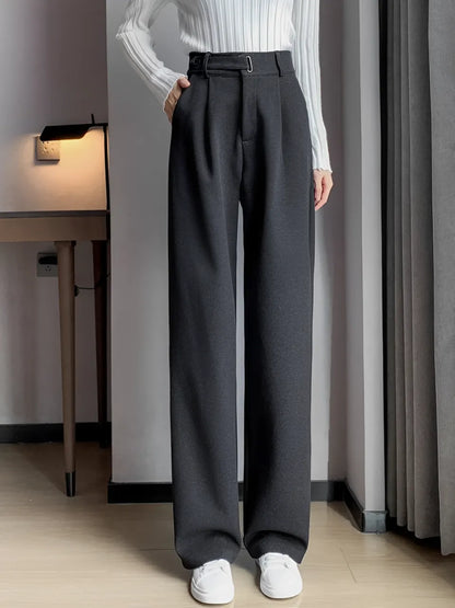 Calça Feminina Wide de Lã Batida com Cintura Alta de Elástico e Bolsos - Maysa.