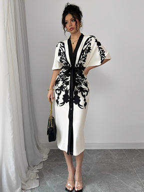 Vestido Midi Floral Arabesco com Manga Morcego Elegante - Inez