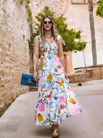 Vestido Feminino Longo Estampado Floral com Alças Finas e Decote Coração - Antonella