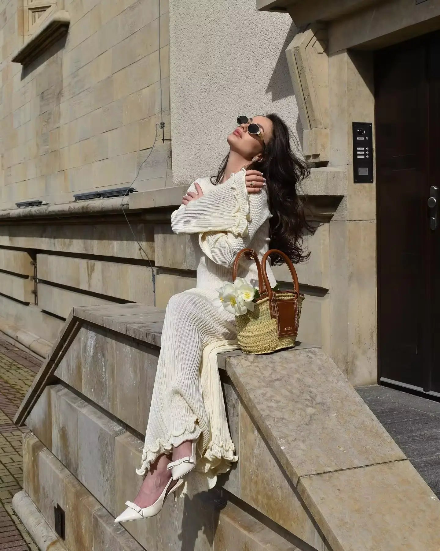 Vestido Longo Canelado com Mangas Longas Flare e Babados - Sandy