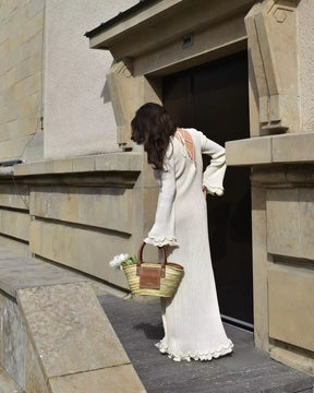 Vestido Longo Canelado com Mangas Longas Flare e Babados - Sandy