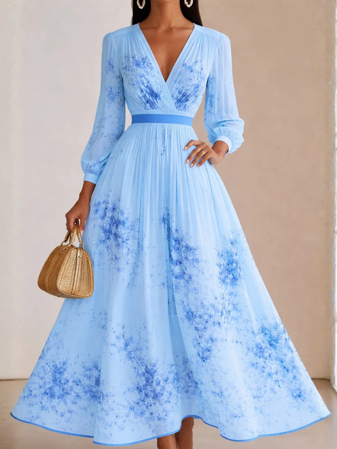 Vestido Longo Plissado Floral com Decote em V e Cinto-Faixa – Seraphina