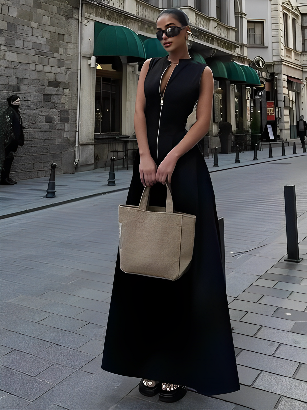 Vestido Longo com Zíper no Busto Cintura Império e Bolsos – Liriel